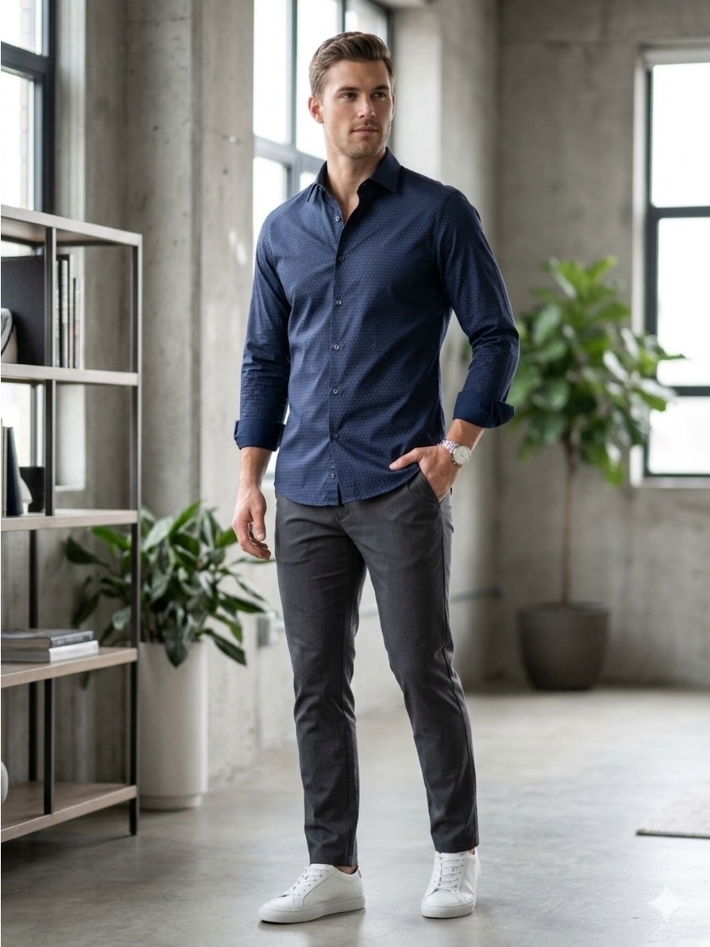 Slim Fit Navy Dot Men's Button-Up Shirt Express